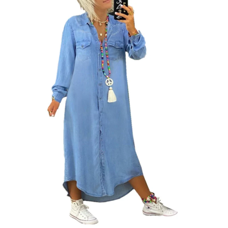 Women's Solid Color Long Sleeve Casual Denim Dress - Image 9